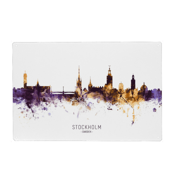 Metall Poster "Stockholm Skyline PurpleGold" artboxONE - Städte,Städte / Stockholm - Stockholm,Sweden,Skyline,Cityscape,Stadtbild,Watercolor,City