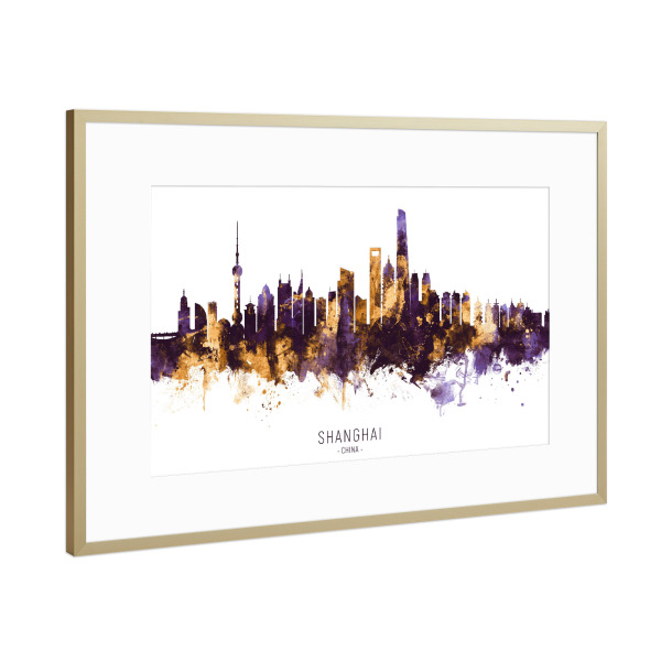 Poster mit Rahmen Gold "Shanghai China Skyline PurpleGold" artboxONE - Städte / Shanghai - Shanghai,China,Skyline,Cityscape,Stadtbild,Watercolor,City