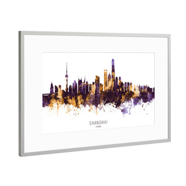 Poster mit Rahmen Silber "Shanghai China Skyline PurpleGold" artboxONE - Städte / Shanghai