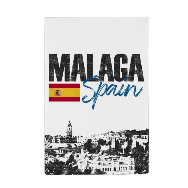 Holzbild "Malaga Skyline minimalistisch" artboxONE - Städte,Schwarzweiß - Spanien,Europa,Reise,Urlaub,Stadt,Malaga,Flagge,City,Typo