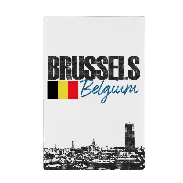 Metall Poster "Brüssel Skyline minimalistisch" artboxONE - Städte,Schwarzweiß - Belgien,Benelux,Europa,Urlaub,Reise,Stadt,Brüssels,Flagge,Typo,City