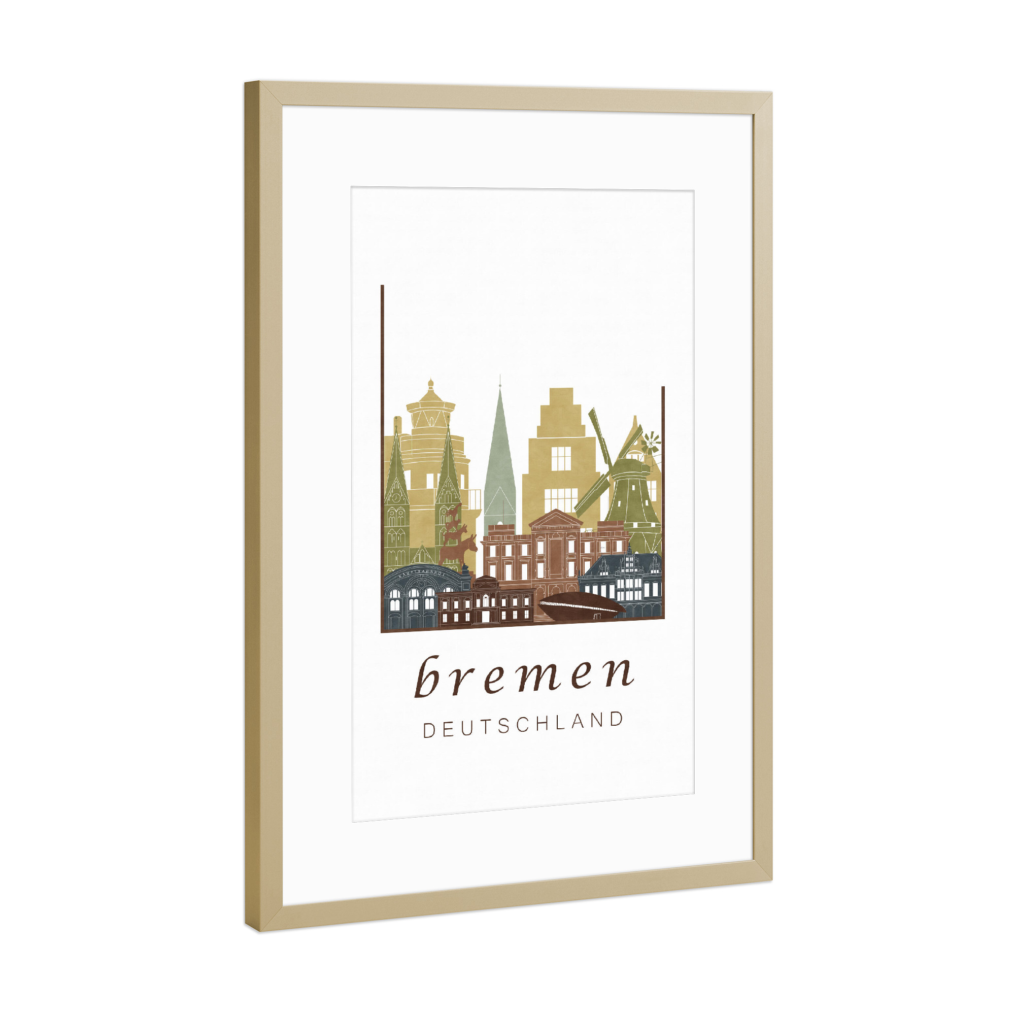 Poster mit Rahmen Gold "Bremen skyline light brown" artboxONE - Städte,Architektur