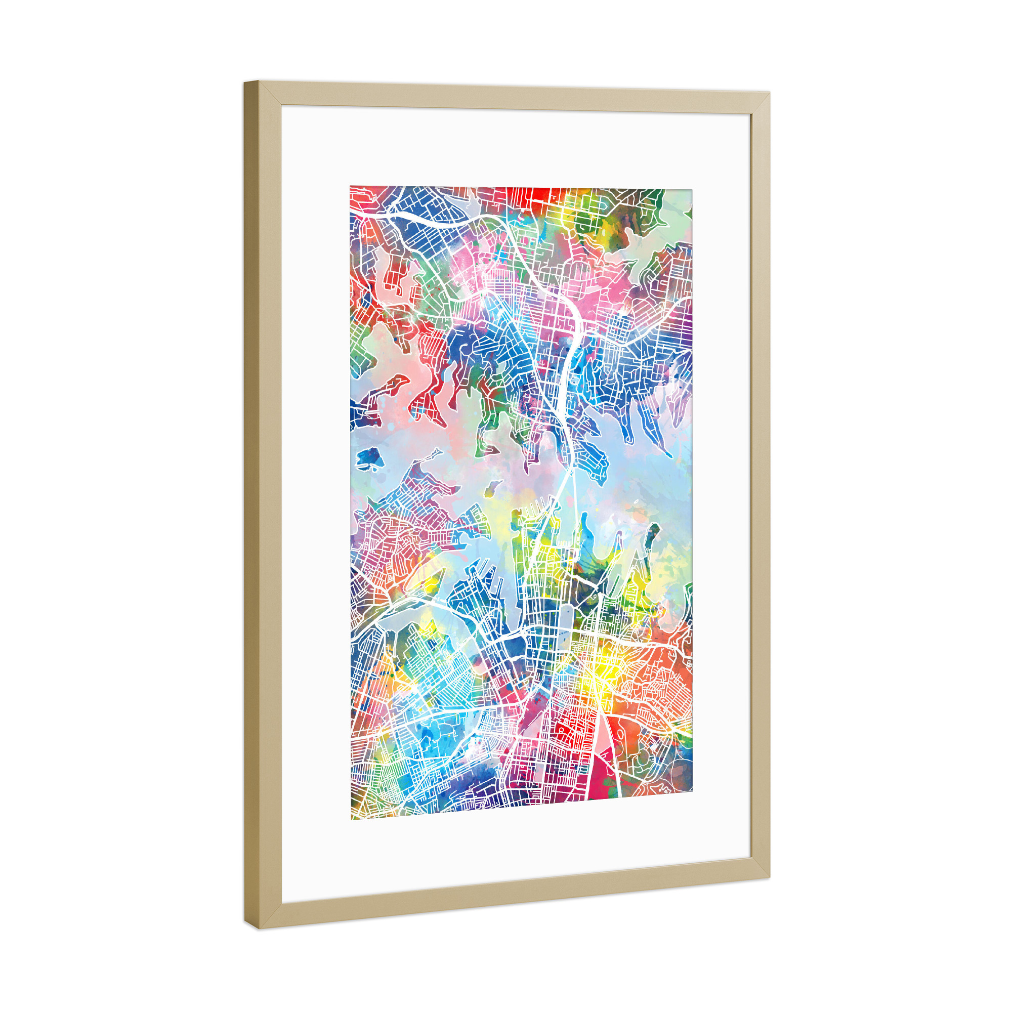 Poster mit Rahmen Gold "Sydney map watercolor" artboxONE - Städte,Reise,Abstrakt,Städte / Sydney,Kartografie
