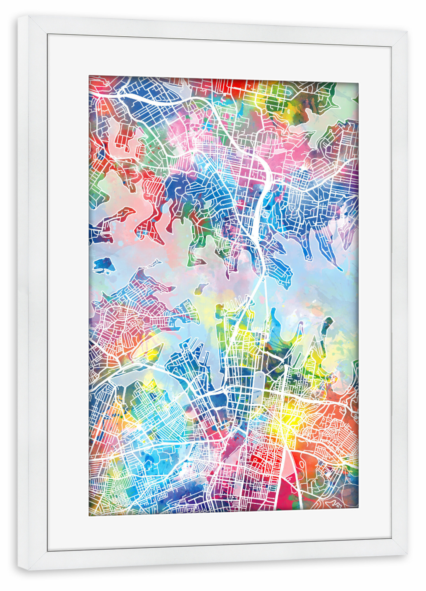 Poster mit Rahmen weiß "Sydney map watercolor" artboxONE - Städte,Reise,Abstrakt,Städte / Sydney,Kartografie