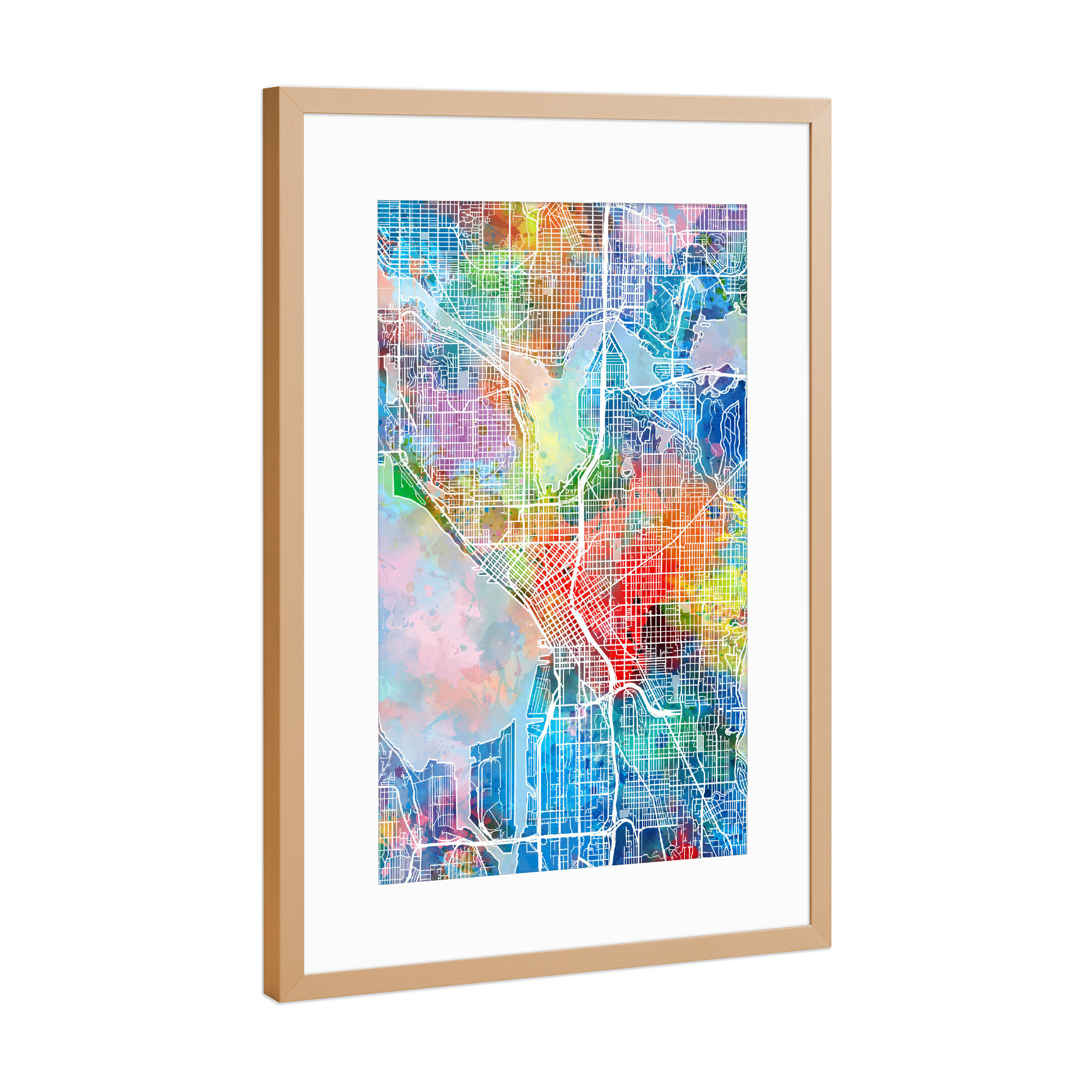 Poster mit Rahmen Kupfer "Seattle map watercolor" artboxONE - Städte,Reise,Abstrakt,Städte / Weitere,Kartografie