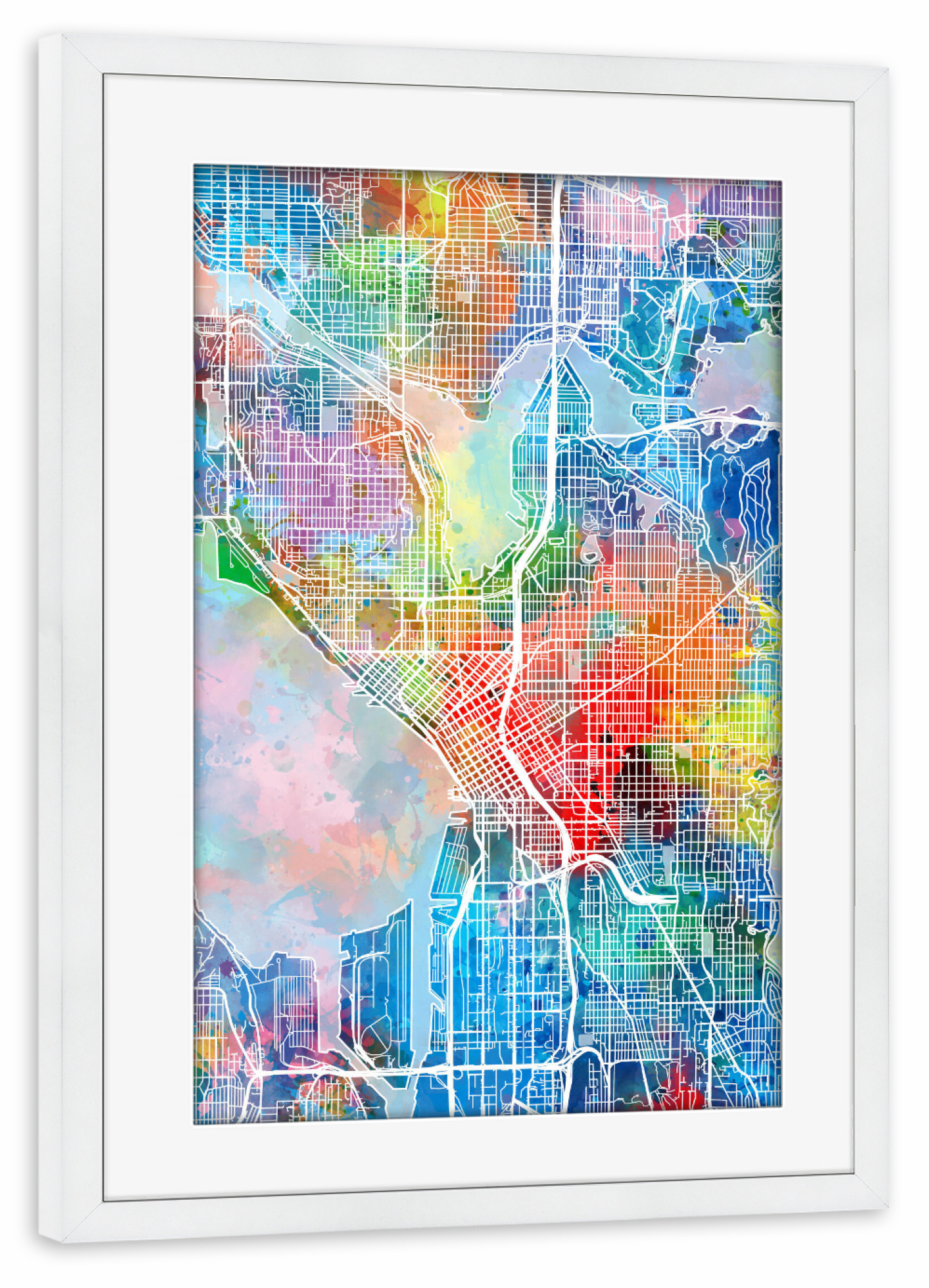 Poster mit Rahmen weiß "Seattle map watercolor" artboxONE - Städte,Reise,Abstrakt,Städte / Weitere,Kartografie