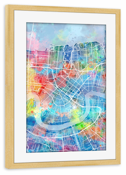 Poster mit Rahmen kiefer "New orleans map watercolor" artboxONE - Städte,Reise,Architektur,Kartografie
