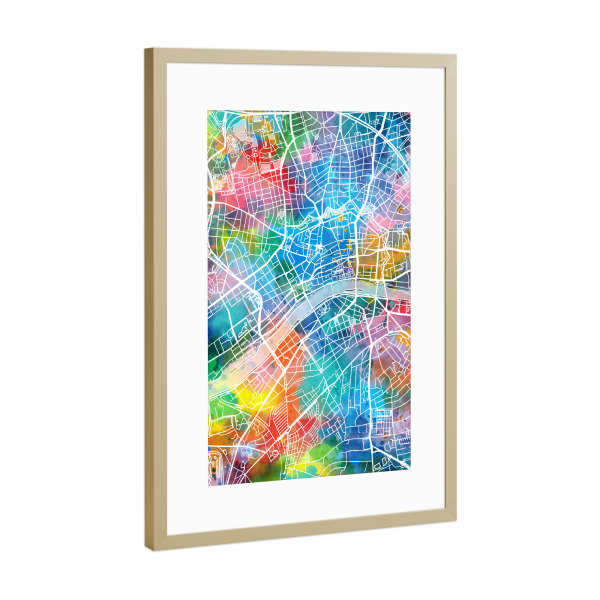 Poster mit Rahmen Gold "Frankfurt map watercolor" artboxONE - Städte,Reise,Abstrakt,Städte / Frankfurt,Kartografie