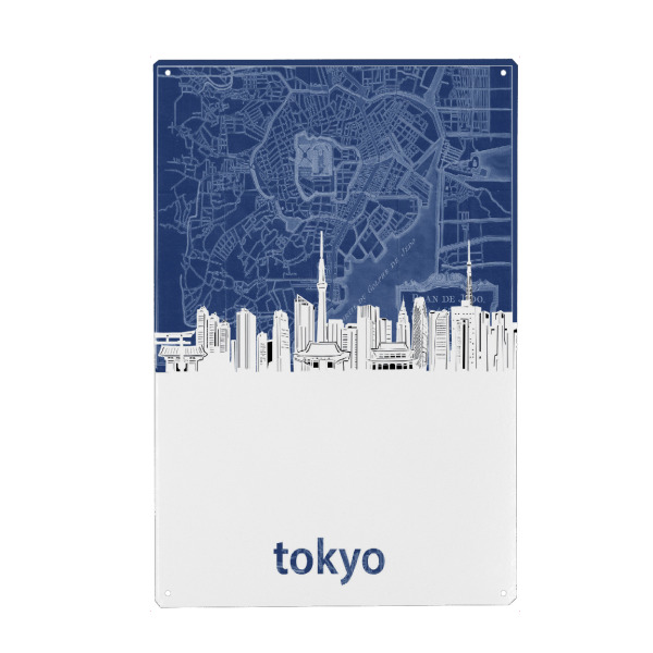 Holzbild "Tokyo skyline map blue" artboxONE - Städte,Architektur,Städte / Tokio,Kartografie