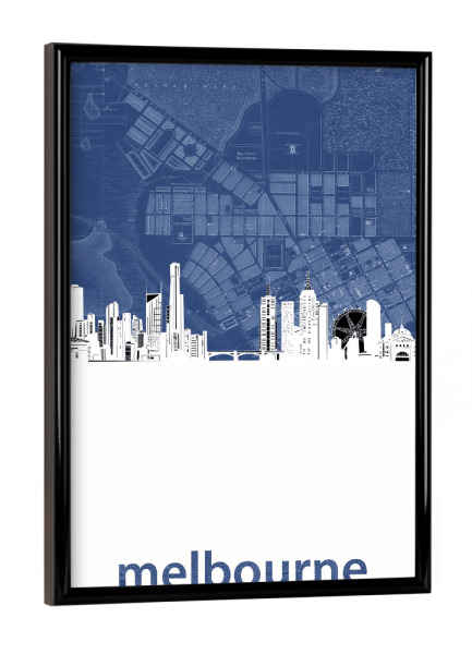 Poster mit schwarzem Rahmen "Melbourne skyline map blue" artboxONE - Städte,Architektur,Kartografie