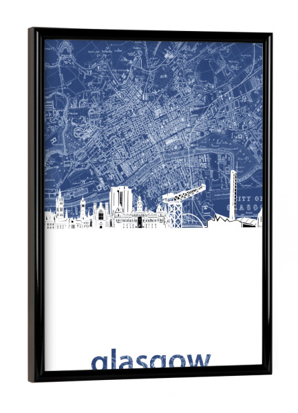 Poster mit schwarzem Rahmen "Glasgow skyline map blue" artboxONE - Städte,Architektur,Kartografie