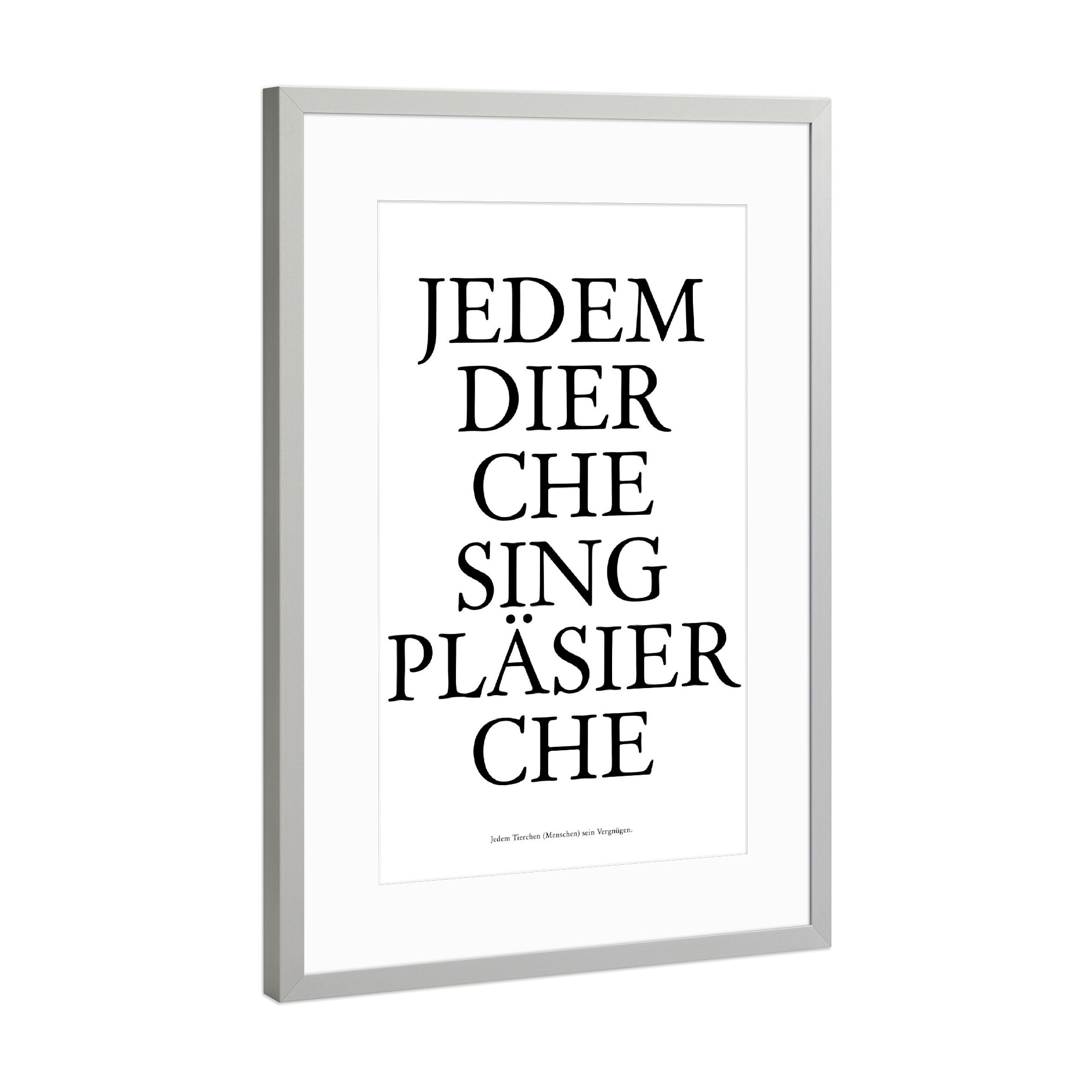 Poster mit Rahmen Silber "Jedem Dierche sing Pläsierche" artboxONE - Städte / Köln,Typografie,Menschen,Schwarzweiß,Lustig