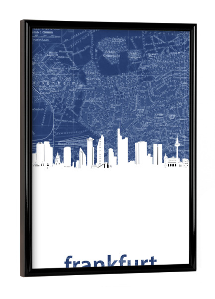 Poster mit schwarzem Rahmen "Frankfurt skyline map blue" artboxONE - Städte,Reise,Architektur,Städte / Frankfurt,Kartografie