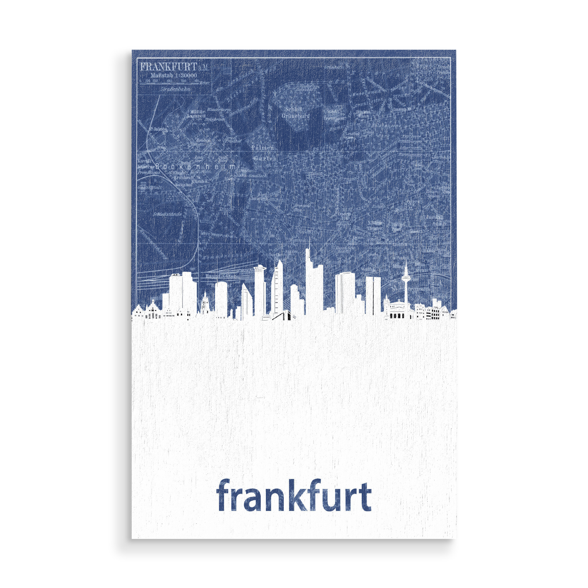 Holzbild "Frankfurt skyline map blue" artboxONE - Städte,Reise,Architektur,Städte / Frankfurt,Kartografie