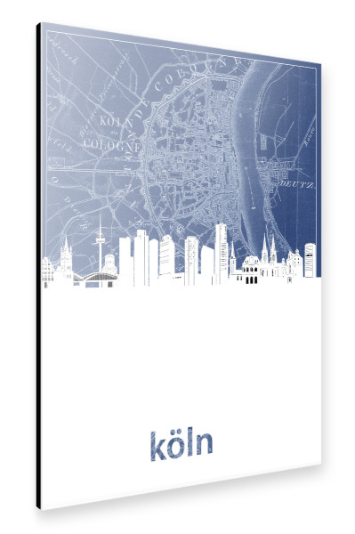 Alu-Dibond "Cologne skyline map blue" 30x20 cm artboxONE