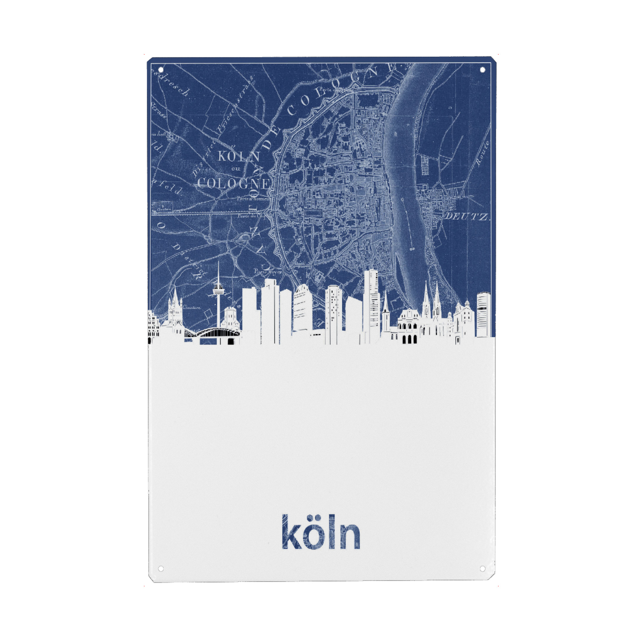 Holzbild "Cologne skyline map blue" artboxONE - Städte,Städte / Köln,Architektur,Kartografie