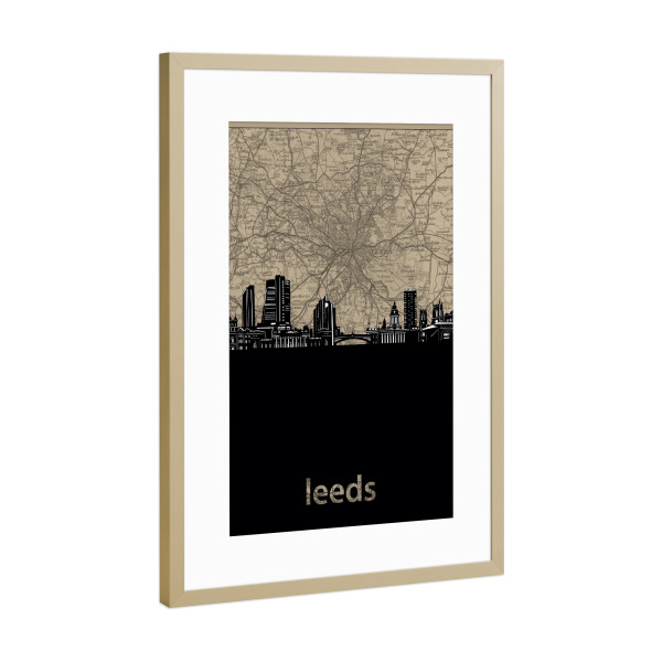 Poster mit Rahmen Gold "Leeds skyline map" artboxONE - Städte,Architektur,Kartografie