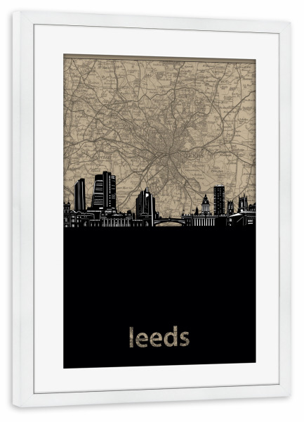 Poster mit Rahmen weiß "Leeds skyline map" artboxONE - Städte,Architektur,Kartografie