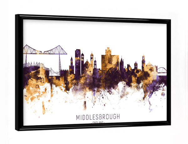 Poster mit schwarzem Rahmen "Middlesbrough Skyline PurpleGold" artboxONE - Städte - Middlesbrough,England,Skyline,Cityscape,Stadtbild,Watercolor,City
