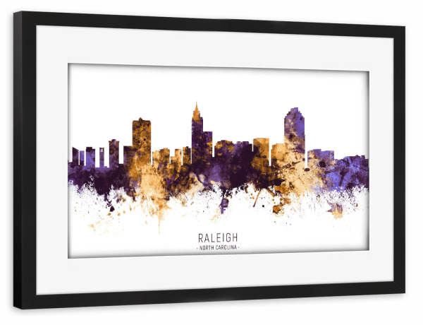 Poster mit Rahmen schwarz "Raleigh Skyline PurpleGold" artboxONE - Städte - Raleigh,North carolina,Skyline,Cityscape,Stadtbild,Watercolor,City,Usa