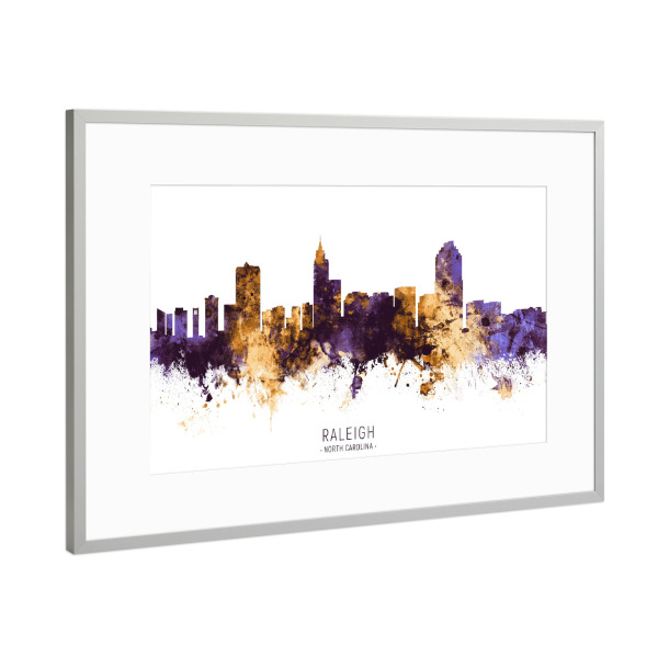 Poster mit Rahmen Silber "Raleigh Skyline PurpleGold" artboxONE - Städte - Raleigh,North carolina,Skyline,Cityscape,Stadtbild,Watercolor,City,Usa