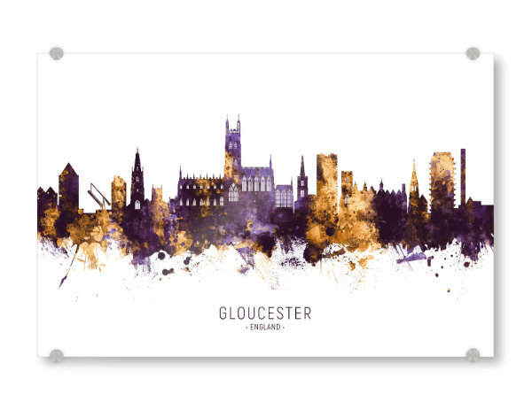 Acrylglasbild "Gloucester Skyline PurpleGold" artboxONE - Städte - Gloucester,England,Skyline,Cityscape,Stadtbild,Watercolor,City,Europe