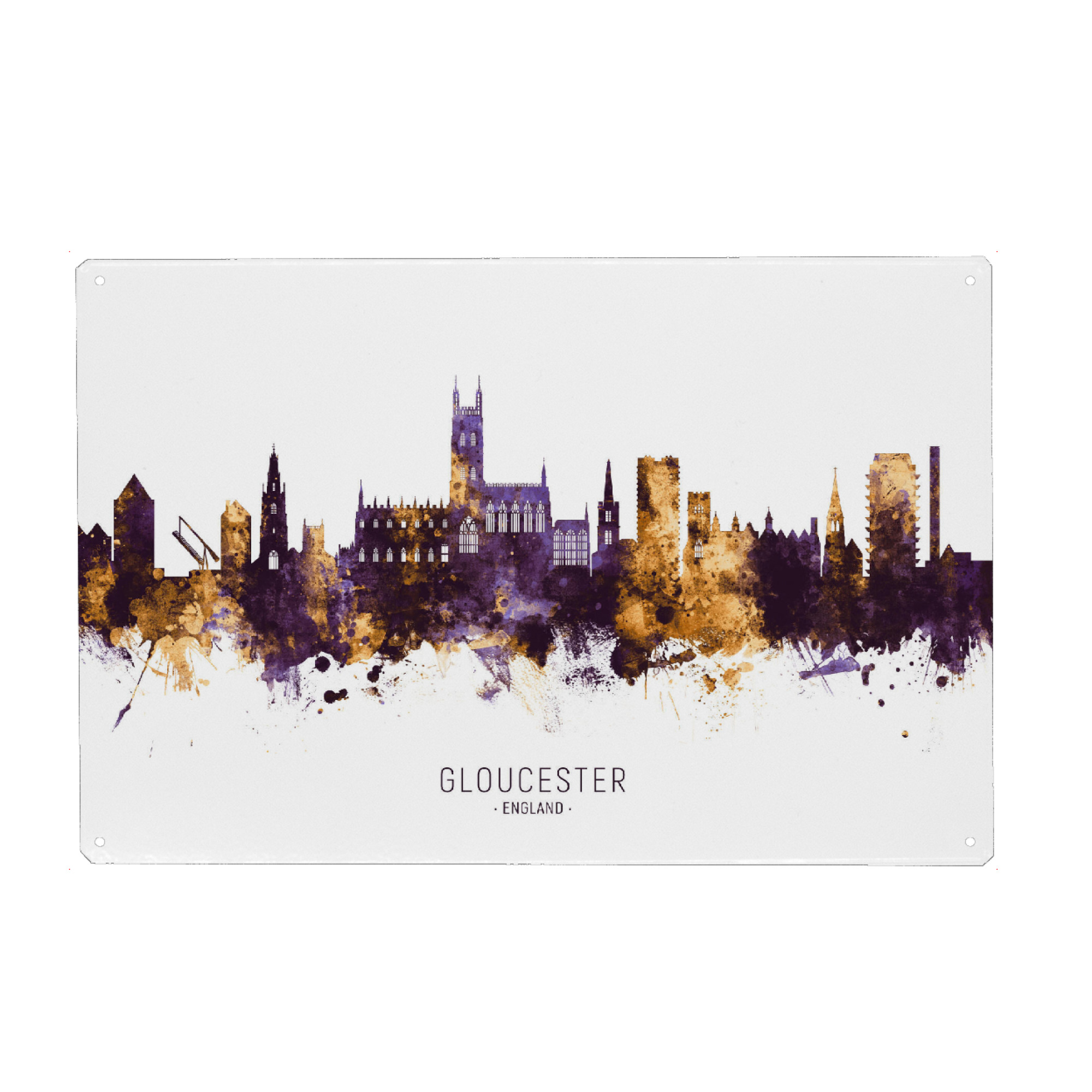 Metall Poster "Gloucester Skyline PurpleGold" artboxONE - Städte - Gloucester,England,Skyline,Cityscape,Stadtbild,Watercolor,City,Europe
