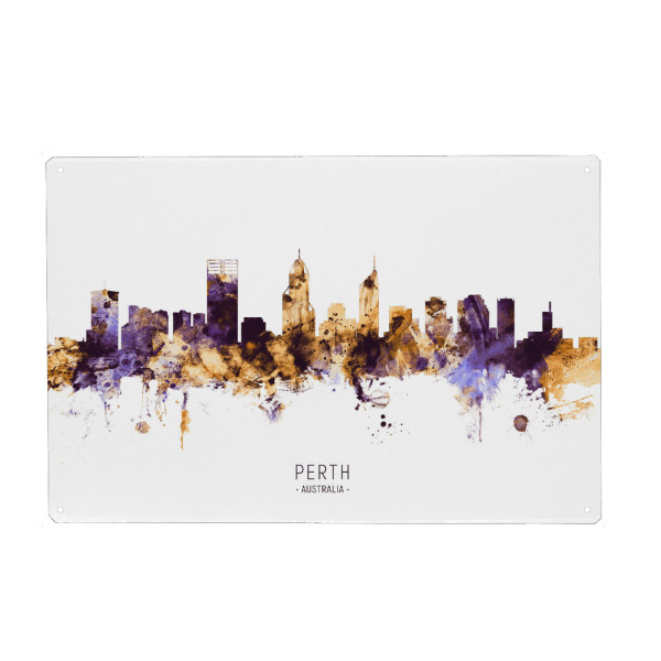 Metall Poster "Perth Australia Skyline PurpleGold" artboxONE - Städte - Perth,Australia,Skyline,Cityscape,Stadtbild,Watercolor,City - Blechschild