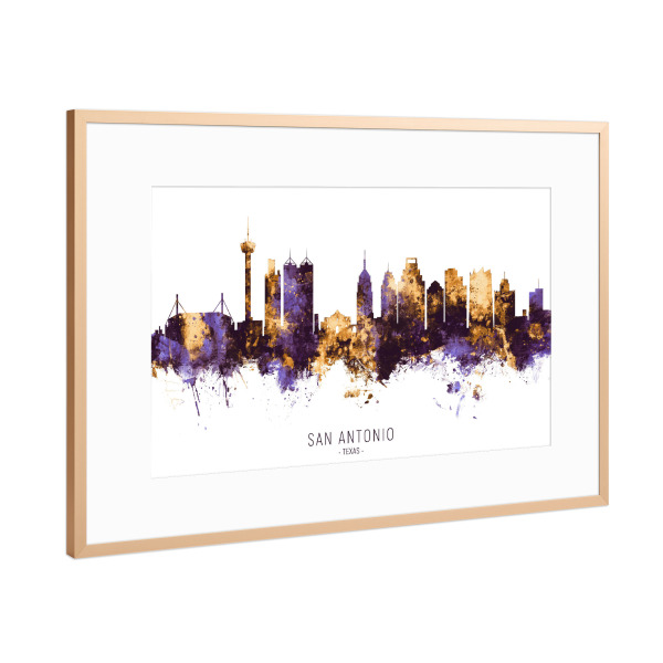 Poster mit Rahmen Kupfer "San Antonio Skyline PurpleGold" artboxONE - Städte - San antonio,Texas,Skyline,Cityscape,Stadtbild,Watercolor,Usa,City