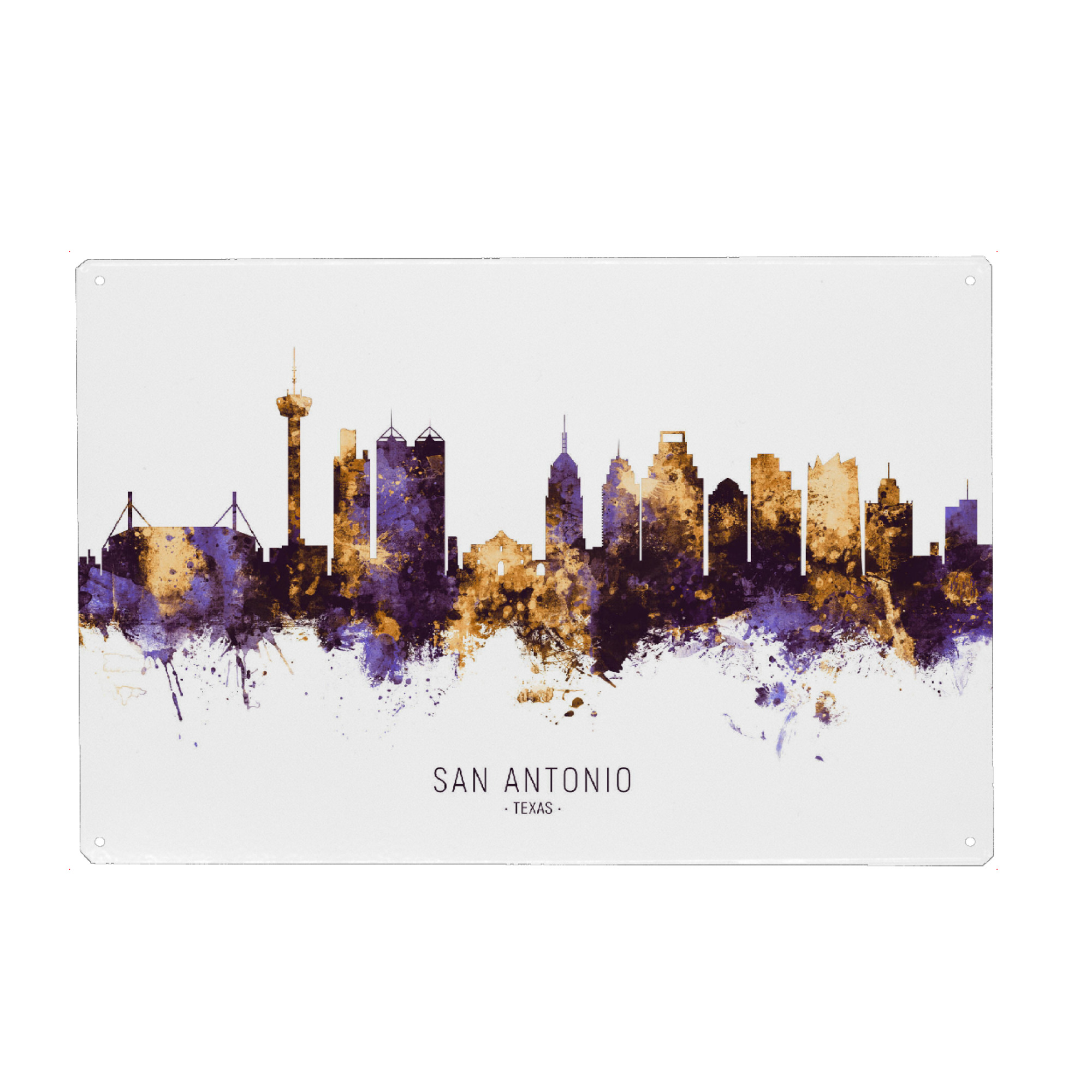 Metall Poster "San Antonio Skyline PurpleGold" artboxONE - Städte - San antonio,Texas,Skyline,Cityscape,Stadtbild,Watercolor,Usa,City - Blechschild