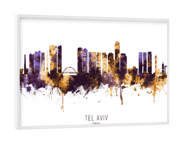 Poster mit weißem Rahmen "Tel Aviv Israel Skyline PurpleGold" artboxONE - Städte - Tel aviv,Israel,Skyline,Cityscape,Stadtbild,Watercolor,City