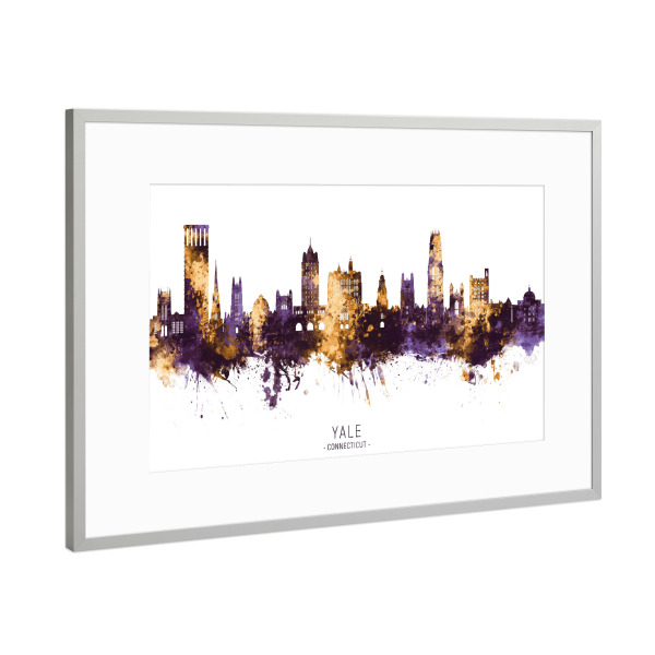 Poster mit Rahmen Silber "Yale New Haven Skyline PurpleGold" artboxONE - Städte - Yale,Connecticut,Skyline,Cityscape,Stadtbild,Watercolor,City