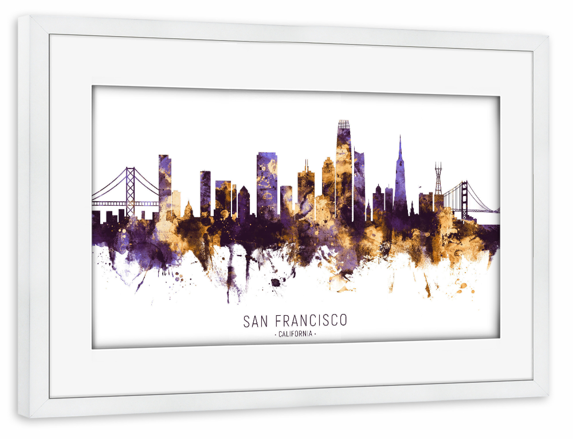 Poster mit Rahmen weiß "San Francisco Skyline PurpleGold" artboxONE - Städte,Städte / San Francisco