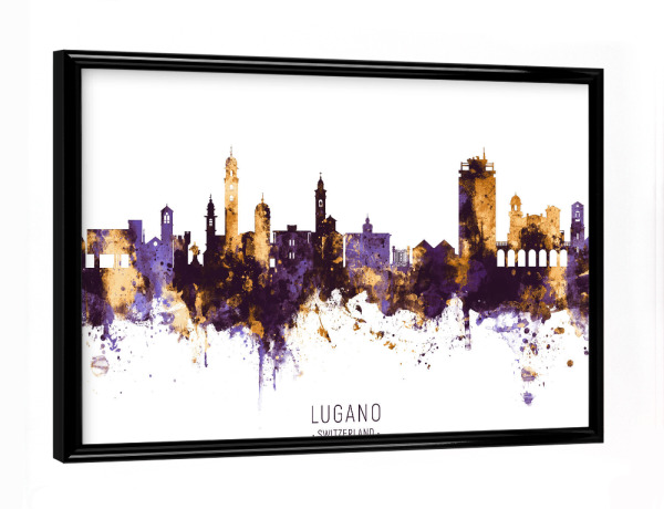 Poster mit schwarzem Rahmen "Lugano Skyline PurpleGold" artboxONE - Städte - Lugano,Switzerland,Skyline,Cityscape,Stadtbild,Watercolor,City