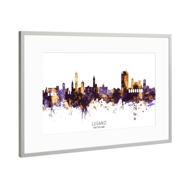 Poster mit Rahmen Silber "Lugano Skyline PurpleGold" artboxONE - Städte - Lugano,Switzerland,Skyline,Cityscape,Stadtbild,Watercolor,City