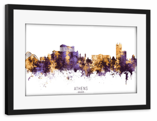Poster mit Rahmen schwarz "Athens Greece Skyline PurpleGold" artboxONE - Städte - Athens,Greece,Skyline,Cityscape,Stadtbild,Watercolor,Europe,City