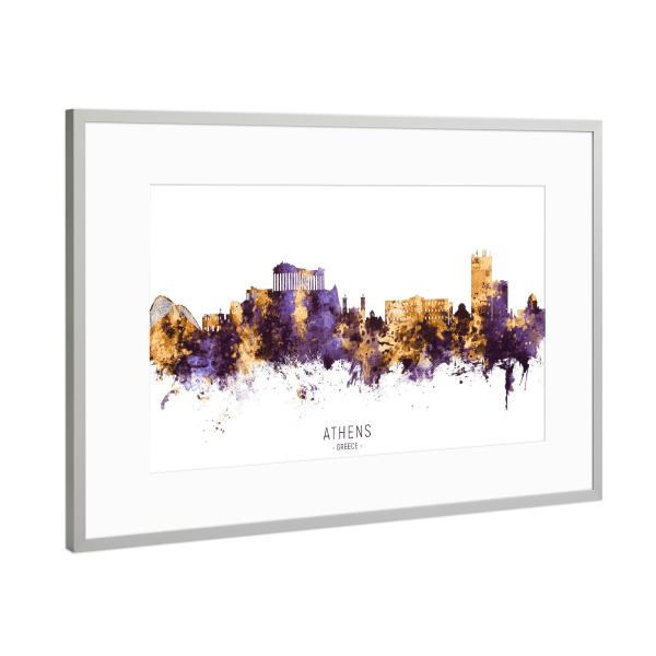Poster mit Rahmen Silber "Athens Greece Skyline PurpleGold" artboxONE - Städte - Athens,Greece,Skyline,Cityscape,Stadtbild,Watercolor,Europe,City