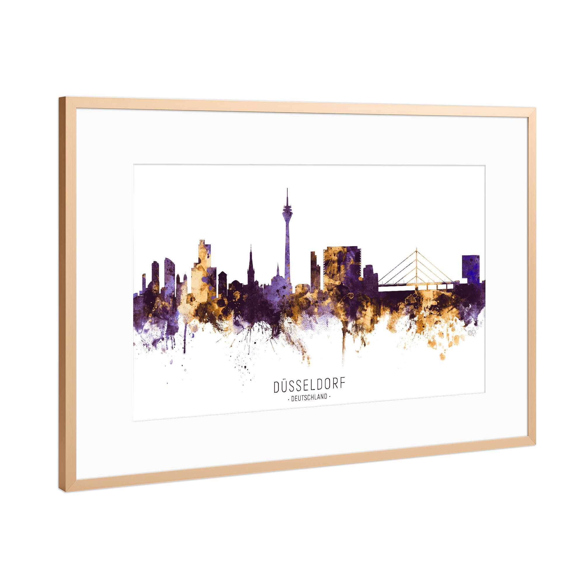 Poster mit Rahmen Kupfer "Düsseldorf Skyline PurpleGold" artboxONE - Städte,Städte / Düsseldorf