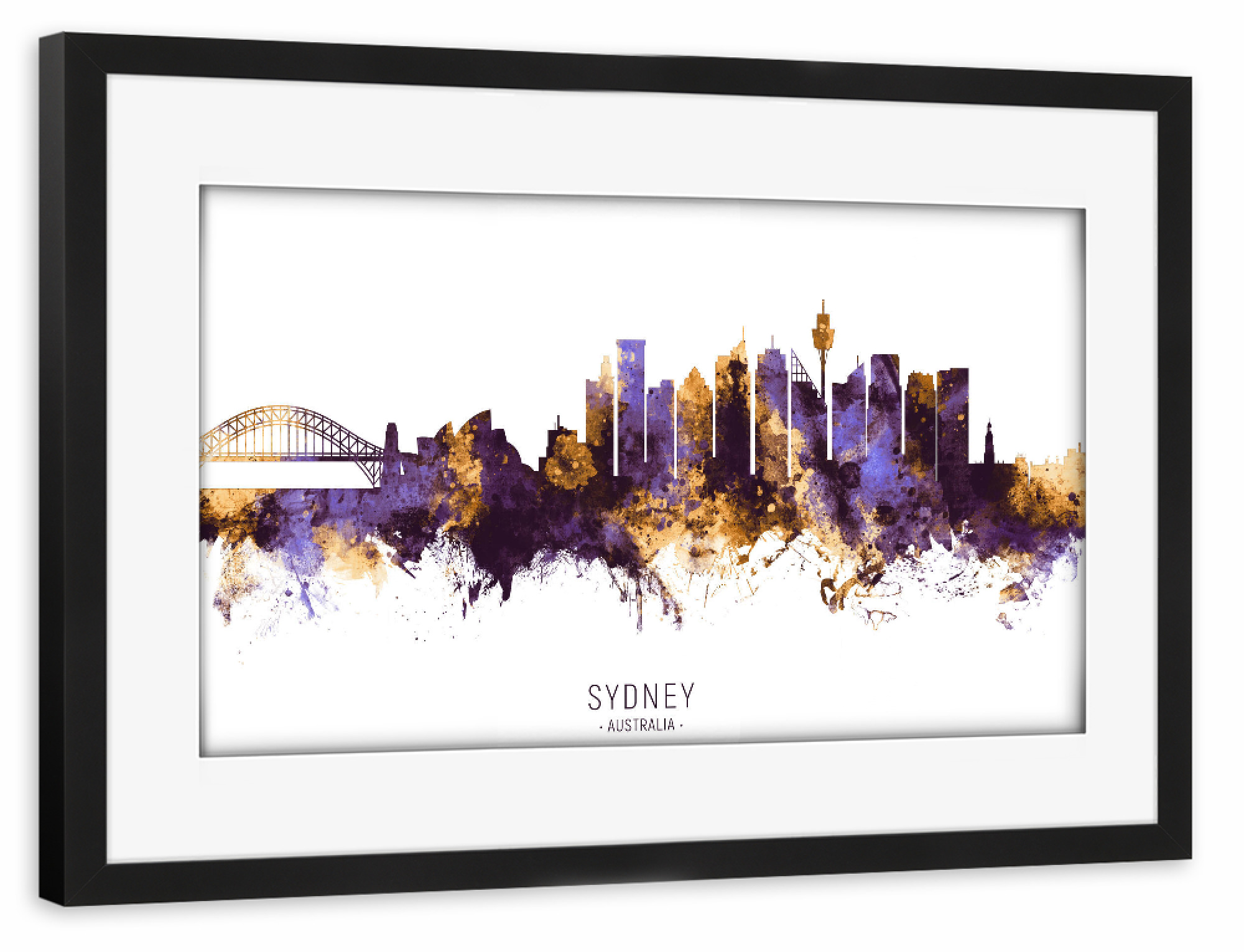 Poster mit Rahmen schwarz "Sydney Skyline PurpleGold" artboxONE - Städte,Städte / Sydney