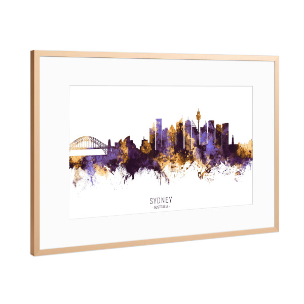 Poster mit Rahmen Kupfer "Sydney Skyline PurpleGold" artboxONE - Städte,Städte / Sydney - Sydney,Australia,Skyline,Cityscape,Stadtbild,Watercolor,City