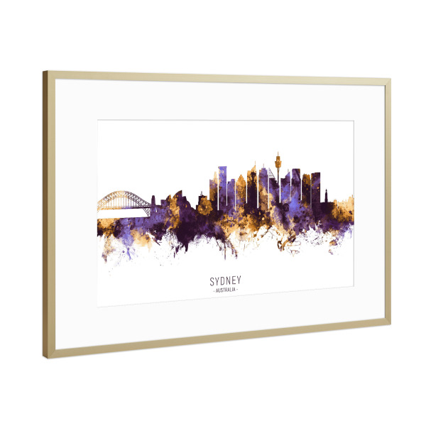 Poster mit Rahmen Gold "Sydney Skyline PurpleGold" artboxONE - Städte,Städte / Sydney - Sydney,Australia,Skyline,Cityscape,Stadtbild,Watercolor,City