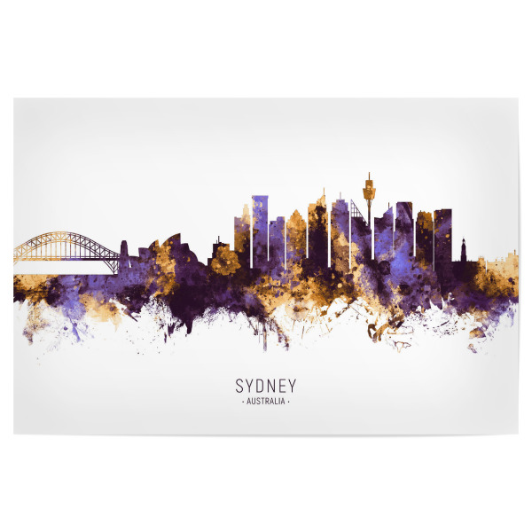 Poster "Sydney Skyline PurpleGold" artboxONE - Städte,Städte / Sydney - Sydney,Australia,Skyline,Cityscape,Stadtbild,Watercolor,City