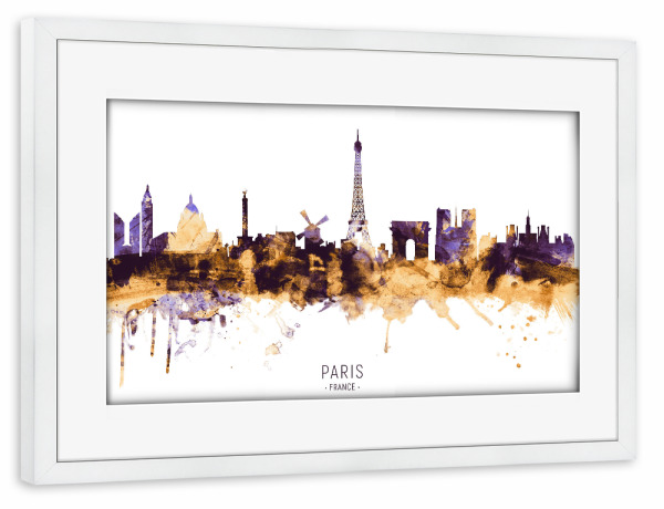 Poster mit Rahmen weiß "Paris France Skyline PurpleGold" artboxONE - Städte,Städte / Paris - Paris,France,Skyline,Cityscape,Stadtbild,Watercolor,City