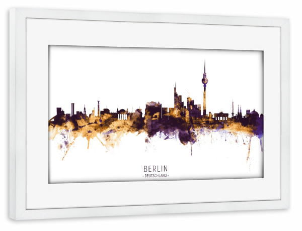Poster mit Rahmen weiß "Berlin Germany Skyline PurpleGold" artboxONE - Städte,Städte / Berlin