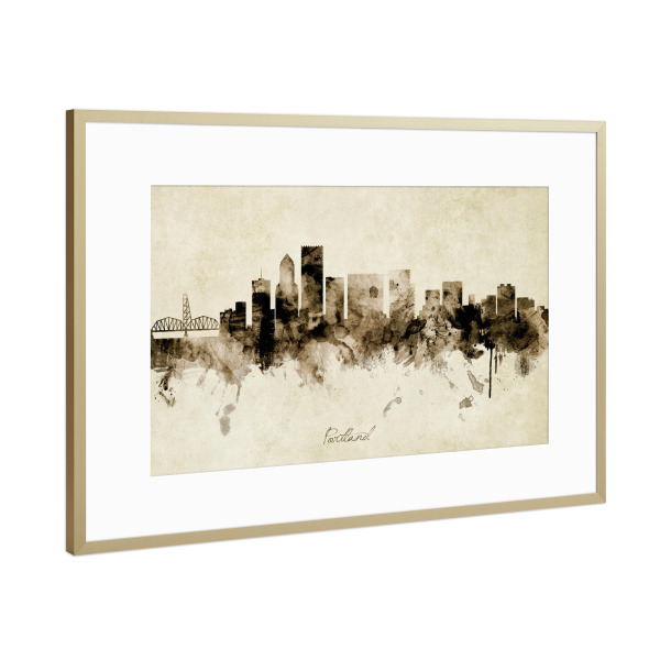 Poster mit Rahmen Gold "Portland Oregon Skyline Sepia" artboxONE - Städte - Portland,Oregon,Skyline,Cityscape,Stadtbild,Watercolor,City