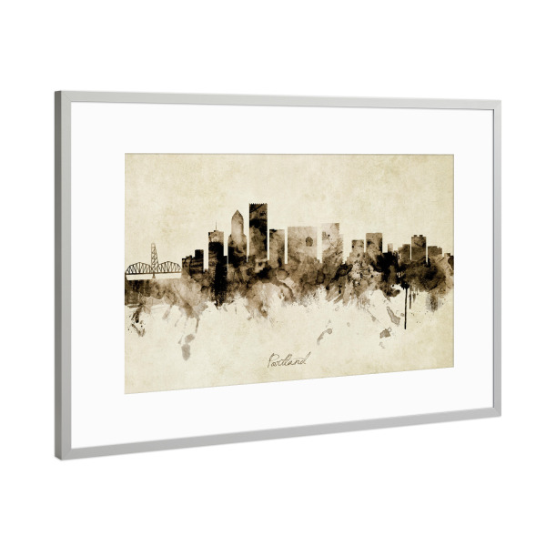 Poster mit Rahmen Silber "Portland Oregon Skyline Sepia" artboxONE - Städte - Portland,Oregon,Skyline,Cityscape,Stadtbild,Watercolor,City