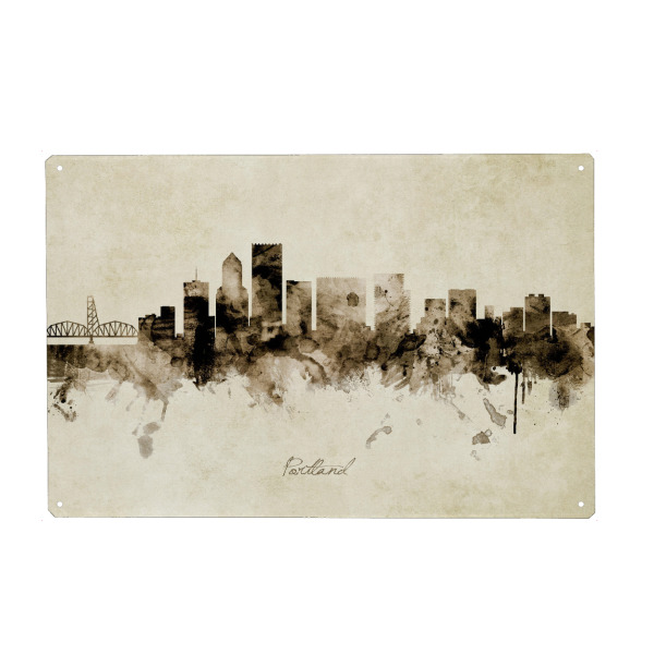 Metall Poster "Portland Oregon Skyline Sepia" artboxONE - Städte - Portland,Oregon,Skyline,Cityscape,Stadtbild,Watercolor,City - Blechschild