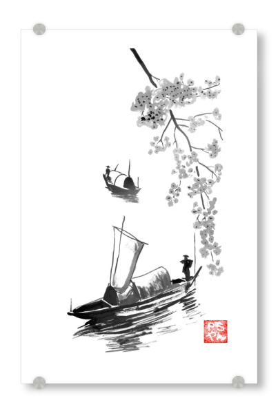 Acrylglasbild "River li" artboxONE - Natur,Schwarzweiß - River li,China,Sumie,Japan,Boat,Tree,Fisherman,Zen