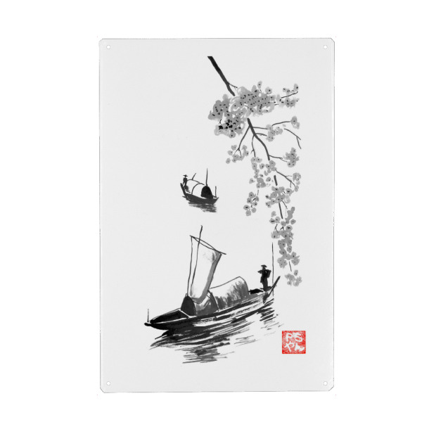 Holzbild "River li" artboxONE - Natur,Schwarzweiß - River li,China,Sumie,Japan,Boat,Tree,Fisherman,Zen