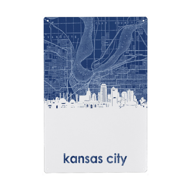 Holzbild "Kansas city skyline map blue" artboxONE - Städte,Architektur,Kartografie